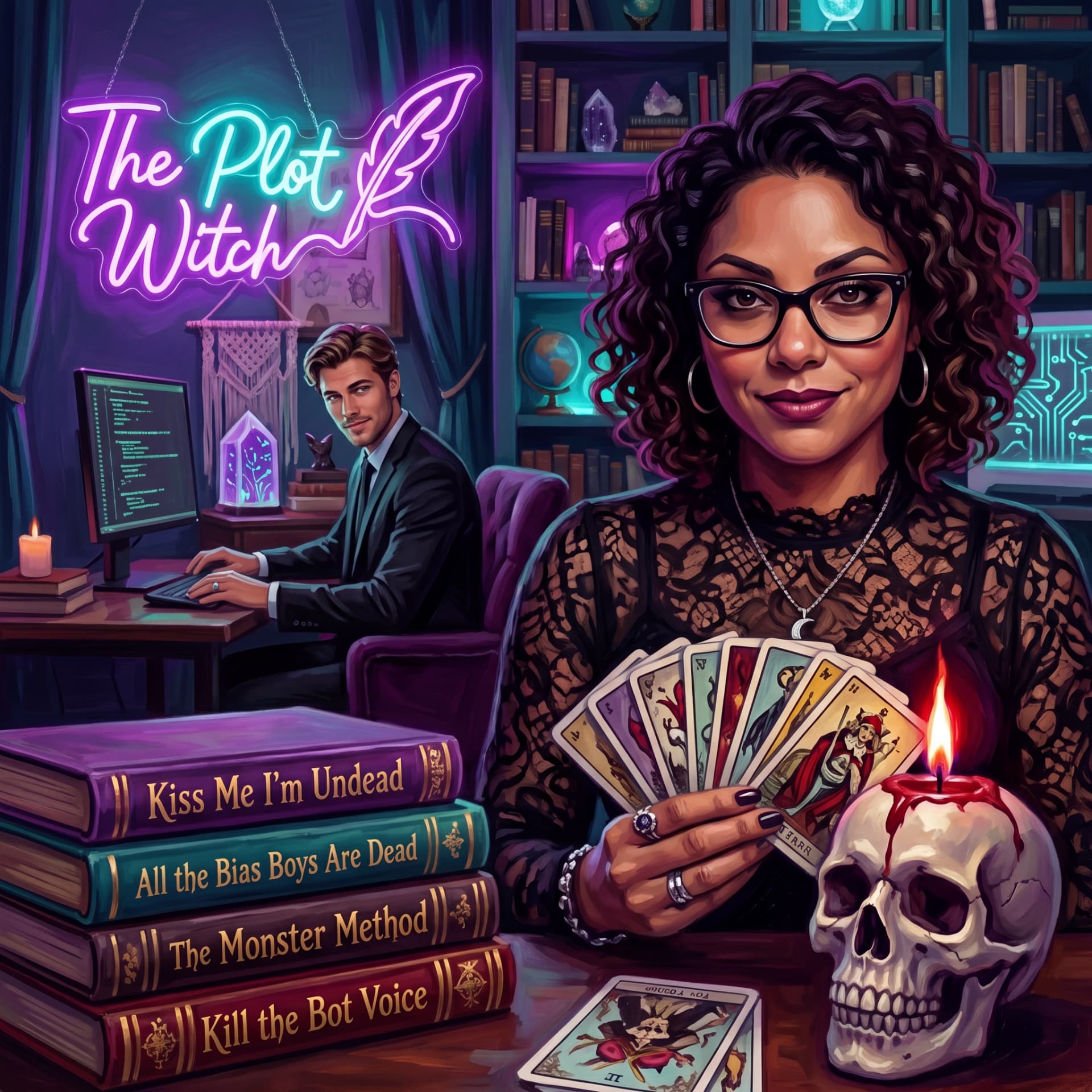 The Plot Witch in her book-lined studio